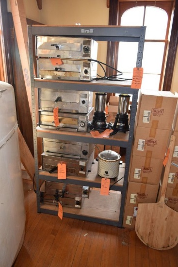 GRAY METAL SHELVING UNIT WITH PARTICLE BOARD