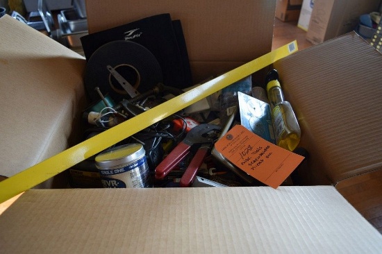 BOX OF MISC. TOOLS, SCREWDRIVERS, PLIERS, ETC.