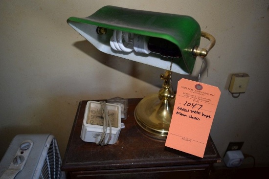 GREEN TABLE LAMP AND ALARM CLOCKS