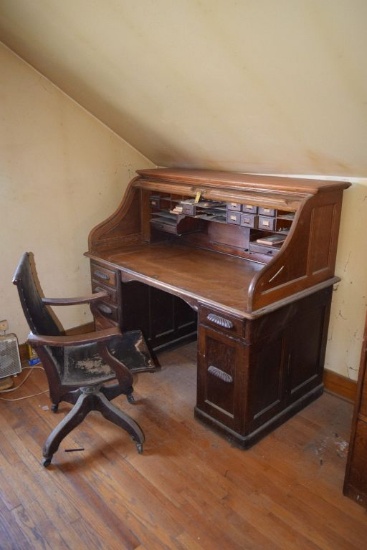 ANTIQUE ROLLTOP DESK AND CHAIR, **NO CONTENTS**, 60", 33"