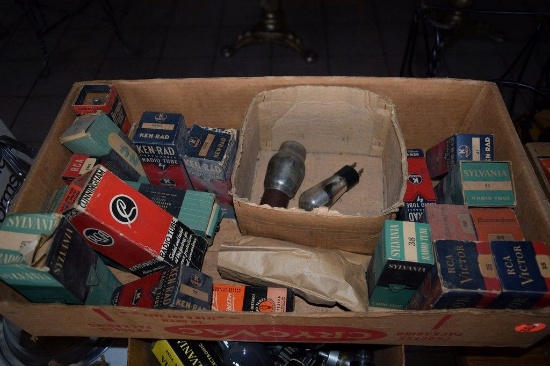 BOX OF VINTAGE USA ELECTRON TUBES,