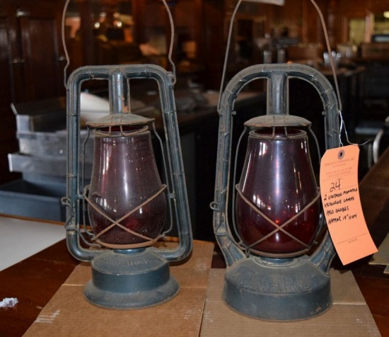 (2) VINTAGE MONARCH KEROSENE LAMPS, RED GLOBES,