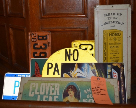 ASSORTED METAL BAR SIGNS, AD SIGNS AND LICENSE PLATES