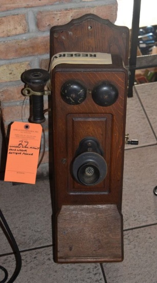 WOODEN WALL-MOUNT HAND CRANK ANTIQUE PHONE