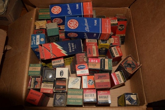 BOX OF VINTAGE USA ELECTRON TUBES,