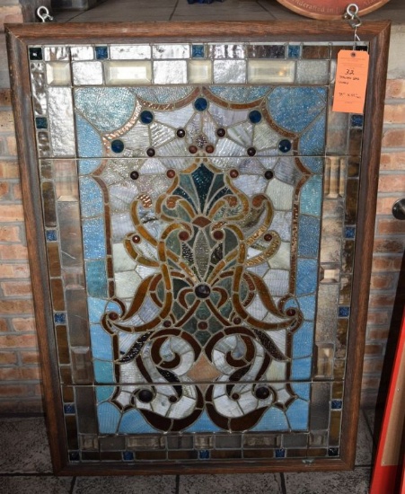ANTIQUE FRAMED LEADED STAINED GLASS WINDOW,