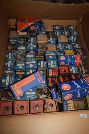 BOX OF VINTAGE USA ELECTRON TUBES,