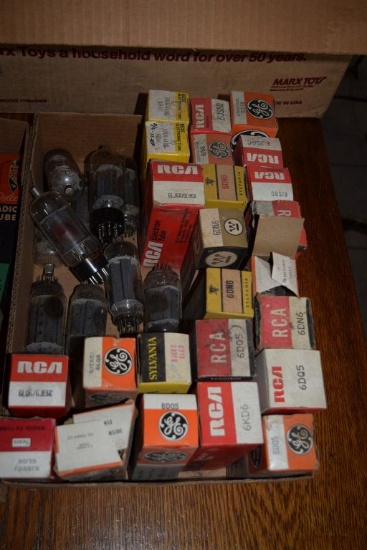 BOX OF VINTAGE USA ELECTRON TUBES,
