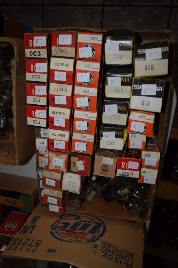 BOX OF VINTAGE USA ELECTRON TUBES,