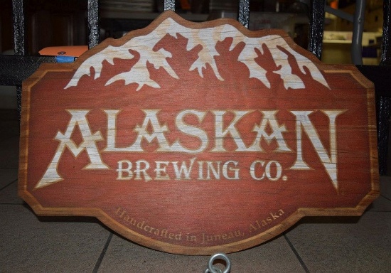 WOODEN ALASKAN BREWING CO. SIGN, 23" x 15"