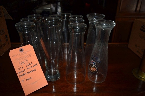 TEN PLUS USED GLASS PILSNER BEER GLASSES, 9" TALL