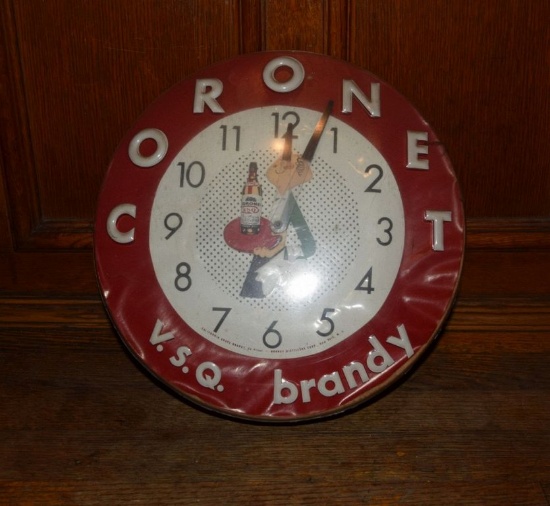 VINTAGE CORONET BRANDY ELECTRIC CLOCK, RUNS, 12" DIAMETER