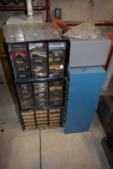 VARIOUS STORAGE BINS WITH NUTS/BOLTS AND ELECTRONIC ITEMS