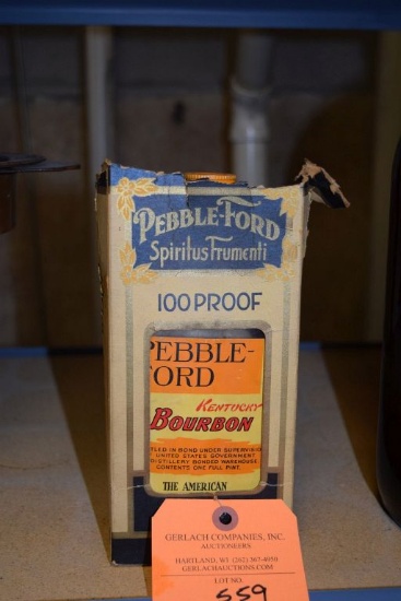 EMPTY PINT BOTTLE WITH BOX, PEBBLE FORD KENTUCKY BOURBON,