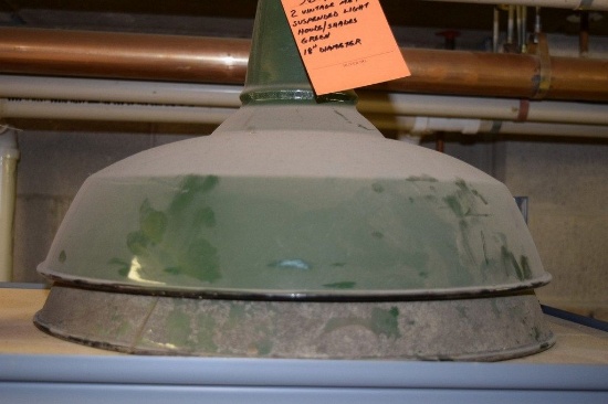 (2) VINTAGE METAL SUSPENDED LIGHT HOODS/SHADES,