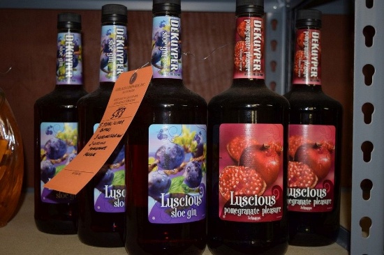 (5) ONE LITER BOTTLES; (3) LUSCIOUS SLOE GIN AND (2)