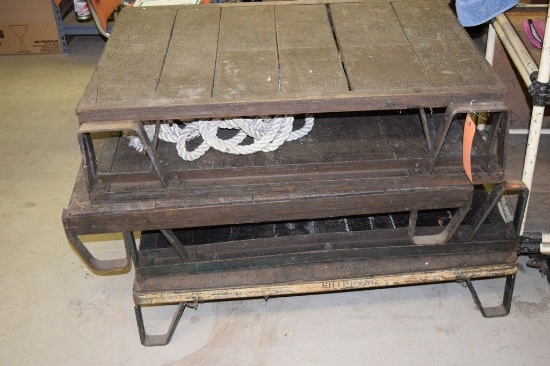 (5) VINTAGE IRON/WOOD PALLET RISERS, IN BASEMENT,