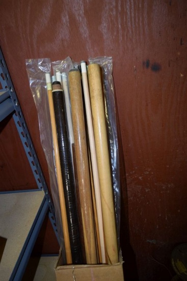 BOX OF ASSORTED ONE PIECE POOL CUES, SOME NEW, SOME