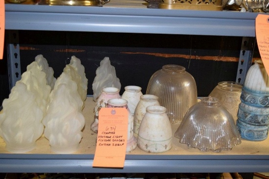 ASSORTED VINTAGE LIGHT FIXTURE GLOBES, ENTIRE SHELF