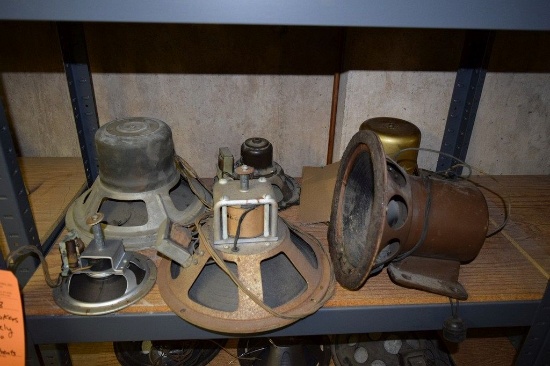 (6) SPEAKERS FOR EARLY RADIOS, (CONTENTS OF SHELF)
