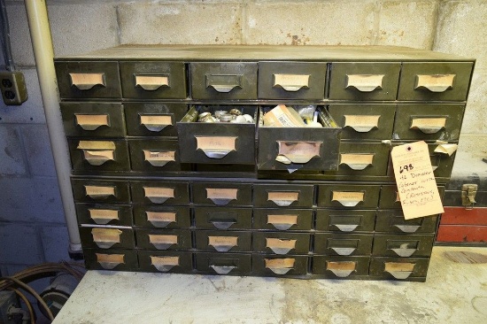 42 DRAWER CABINET WITH CONTENTS; RESISTORS, FUSES, ETC.