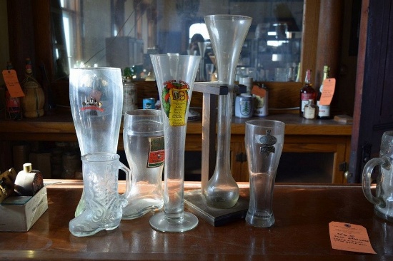 MISC. GLASSWARE LARGE & SMALL GLASS BOOTS, ETC.