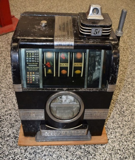 ANTIQUE CAILLE CADET NICKEL 5 CNT MECHANICAL SLOT MACHINE