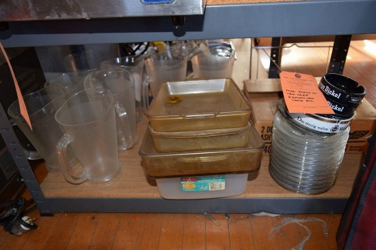 MISC. ITEMS ON THIS SHELF; PITCHERS, ASH TRAYS, ETC.