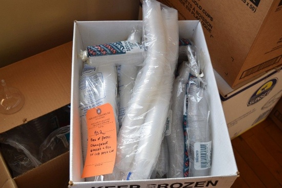 BOX OF PLASTIC CHAMPAGNE GLASSES AND