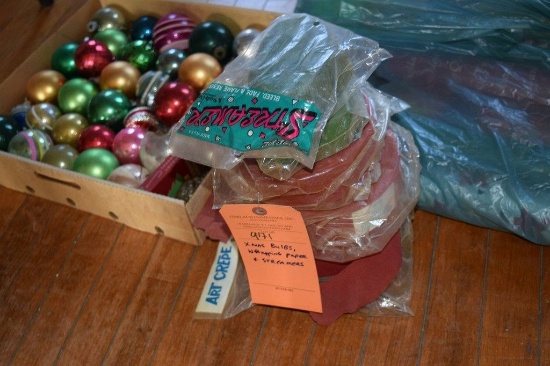 CHRISTMAS BULBS, WRAPPING PAPER AND STREAMERS