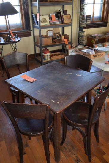 WOOD TABLE WITH FIVE CHAIRS, TABLE IS 30" SQUARE BY