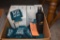 BOX WITH GREEN CAB COOZIES AND (7) ZEROLOGY CANTEENS