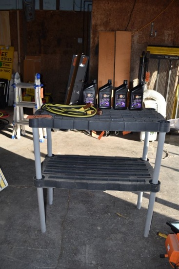 2 SHELF STORAGE UNIT, JUMPER CABLES, 4 QT OIL