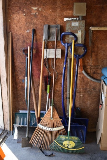 (5) SNOW SHOVELS, (2) LEAF RAKES, (2) CAR DUSTERS,