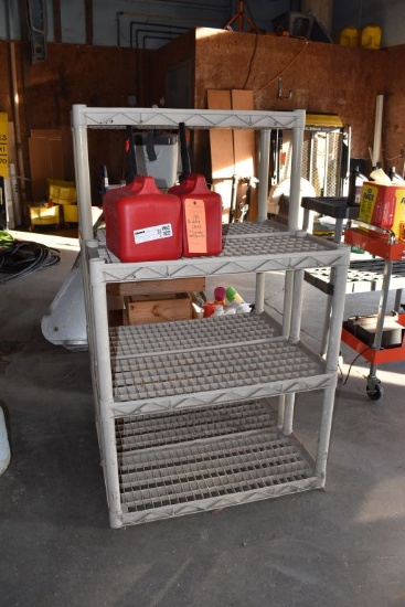 (2) GAS CANS & (2) PLASTIC SHELVING UNITS