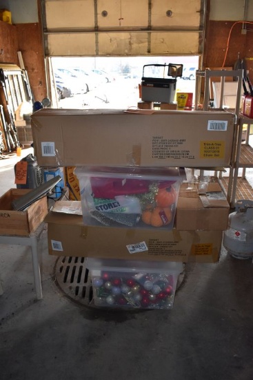 (2) 6' XMAS TREES & (2) TOTES OF ORNAMENTS