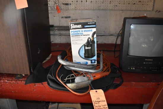 SUBMERSIBLE PUMP, TROUBLE LIGHT, (2) LADDER RACKS,