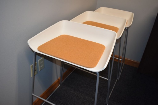 (6) STOOLS WITH METAL BASES, WHITE PLASTIC SEATS