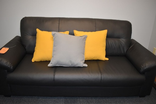 BLACK LEATHER LOOKING COUCH AND PILLOW, 80" x 36" x 39"H