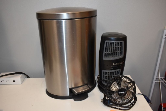 METAL TRASH CAN, LASKO HEATER AND MINI FAN