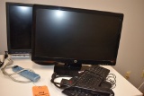 (2) HP MONITORS, MOSE, KEYBOARD AND SURGE STRIPS