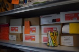 OFFICE SUPPLIES ON THIS SHELF; PAPER, ENVELOPES AND PENS