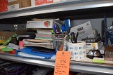 MISC. OFFICE SUPPLIES ON THIS SHELF, PAPER, PENS,