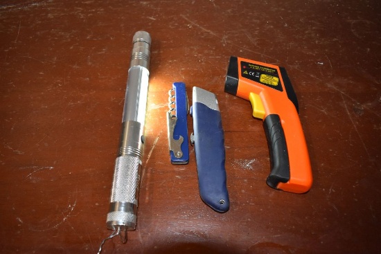 INFRARED THERMOMETER, FLASHLIGHT AND UTILITY KNIVES