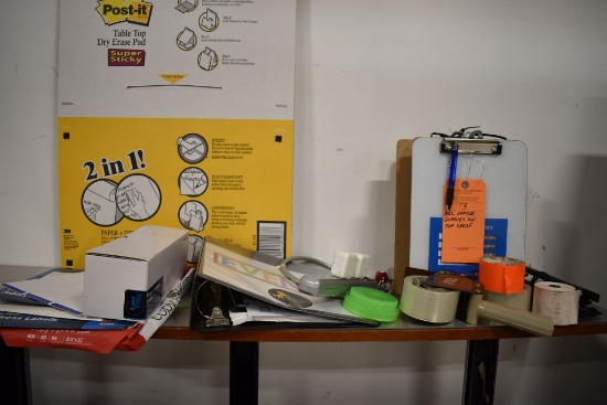 ASSORTED OFFICE SUPPLIES ON TOP SHELF