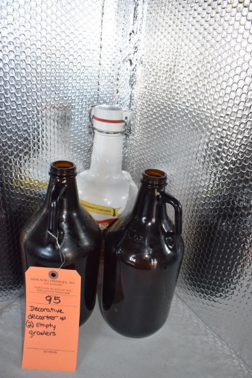 DECORATIVE DECANTER AND (2) EMPTY GROWLERS