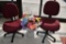 (2) MAROON OFFICE CHAIRS AND FLOWER STAND WITH