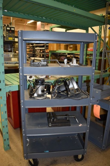 FIVE TIER RACK WITH CONTENTS; VISES, ROUTER, SAW AND