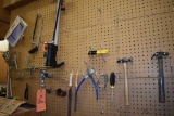 AIR PUMP AND MISC. HAND TOOLS ON PEGBOARD