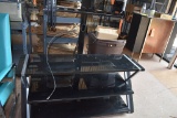 GLASS TV STAND WITH BRACKETS, THREE SHELVES,